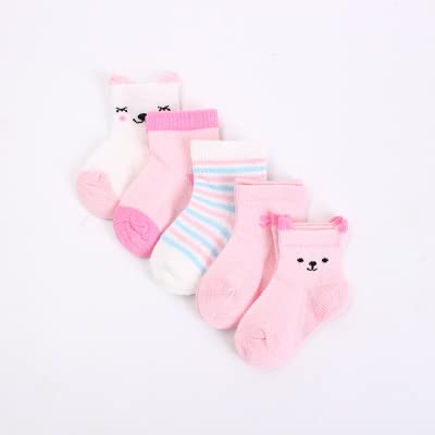 SYGA 5 Pairs Baby Girl Boys Non Slip Trainer Socks Toddlers Infant Socks Warm and Socks Cotton Stretch Crew Anti-Slip Baby Socks- Pink Bunny, 0-1 Years