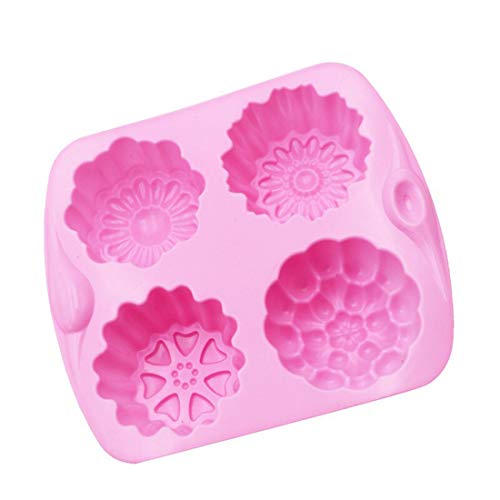 SYGA 4 Cavity Different Flowers Designs Muffins Jelly Candle Soap Silicon Mould (Colour May Vary)