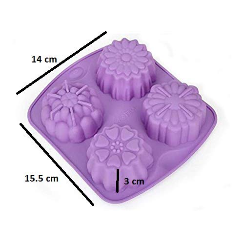 SYGA 4 Cavity Different Flowers Designs Muffins Jelly Candle Soap Silicon Mould (Colour May Vary)