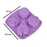 SYGA 4 Cavity Different Flowers Designs Muffins Jelly Candle Soap Silicon Mould (Colour May Vary)