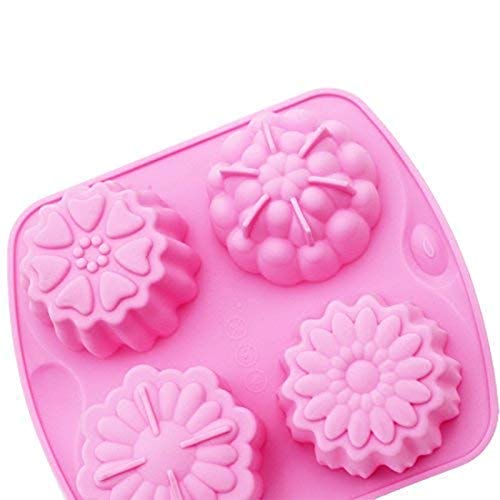 SYGA 4 Cavity Different Flowers Designs Muffins Jelly Candle Soap Silicon Mould (Colour May Vary)