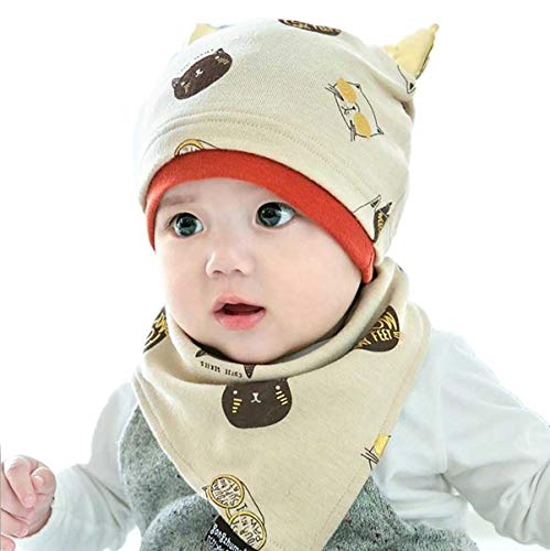 SYGA New Born Baby Knitted Printed Hat with Triangle Scarf,Fetal Hat Newborn Cap Sleeping Cap