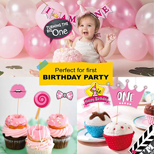 SYGA First Birthday Photo Booth Props with Banner-27Pcs (Pink Color) for 1st Bday Theme Supplies Baby Kids Combo Decorations Items/Cake Smash/High Chair, Babies Room Decor