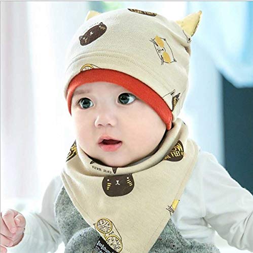 SYGA New Born Baby Knitted Printed Hat with Triangle Scarf,Fetal Hat Newborn Cap Sleeping Cap