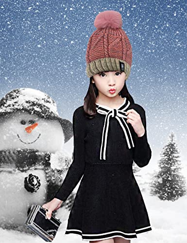 SYGA Winter Woolen Cap for Kids with Faux Fur Bobble Pom Pom and Braided Lining, Suitable for 5-13 Years