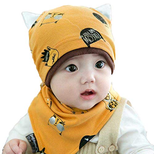 SYGA New Born Baby Knitted Printed Hat with Triangle Scarf,Fetal Hat Newborn Cap Sleeping Cap
