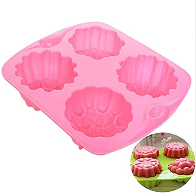 SYGA 4 Cavity Different Flowers Designs Muffins Jelly Candle Soap Silicon Mould (Colour May Vary)