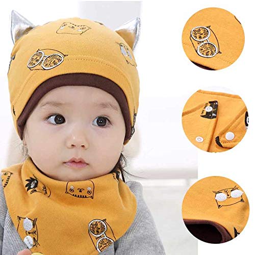 SYGA New Born Baby Knitted Printed Hat with Triangle Scarf,Fetal Hat Newborn Cap Sleeping Cap