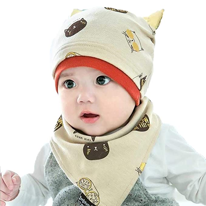 SYGA New Born Baby Knitted Printed Hat with Triangle Scarf,Fetal Hat Newborn Cap Sleeping Cap
