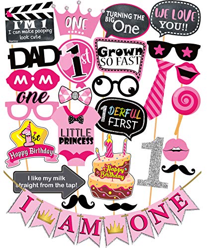 SYGA First Birthday Photo Booth Props with Banner-27Pcs (Pink Color) for 1st Bday Theme Supplies Baby Kids Combo Decorations Items/Cake Smash/High Chair, Babies Room Decor
