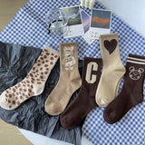 Coffee brown socks women's love socks medium tube cute letter c stockings maroon socks net red hot style Japanese style