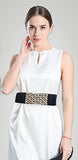 SYGA Women PU Leather Belt Stretchy Waist Belt with Multiple Designs in Metal Buckle, Black - 25-35 Inch