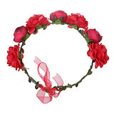 SYGA Women Rose Floral Crown Hair Wreath Leave Flower Headband Tiara with Adjustable Ribbon_Red