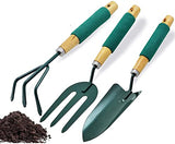 SYGA 3Pcs Small Garden Tools Set Heavy Duty 1Garden Hands Shovel Trowel 1Claw Rake 1 Plants Fork with Ergonomic Wooden Handle Metal Bonsai Tool Kit for Transplanting and Digging