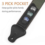 SYGA Guitar Strap with 3 Pick Holders 100% Soft Cotton Strap For Bass Electric & Acoustic Guitars(Green)