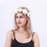SYGA Women Rose Floral Crown Hair Wreath Leave Flower Headband Tiara with Adjustable Ribbon_Cream