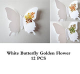 SYGA 12Pcs 3D Decorative White Butterfly with Golden Flowers Wall Stickers