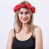 SYGA Women Rose Floral Crown Hair Wreath Leave Flower Headband Tiara with Adjustable Ribbon_Red
