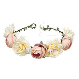 SYGA Women Rose Floral Crown Hair Wreath Leave Flower Headband Tiara with Adjustable Ribbon_Peach Cream