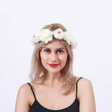 SYGA Women Rose Floral Crown Hair Wreath Leave Flower Headband Tiara with Adjustable Ribbon_Cream