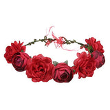 SYGA Women Rose Floral Crown Hair Wreath Leave Flower Headband Tiara with Adjustable Ribbon_Red