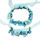 SYGA Flower Tiara and Bracelet Set Flower Headband and Flower Bracelet Bridesmaid Floral Hair Bands Floral Garland For Women Bride Wedding Vine Tiara Bridal Crown Hair Accessory - Blue