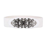 SYGA Women Leather Belt for Dress, PU Leather Stretchy Waist Belt with Abstract Metal Buckle, Retro Style, 25-35 Inch