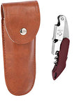 SYGA 3 in 1 Corkscrew Beer Wine Bottle Opener with Leather Cover Spring-Loaded Double Lever, Serrated Foil Cutter Barware Gear Waiter's Corkscrew of Sommeliers, Waiters, Bartenders Gift- Wine Red