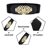SYGA Women PU Leather Belt Stretchy Waist Belt with Multiple Designs in Metal Buckle, Black - 25-35 Inch