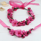 SYGA Flower Tiara and Bracelet Set Flower Headband and Flower Bracelet Bridesmaid Floral Hair Bands Floral Garland For Women Bride Wedding Vine Tiara Bridal Crown Hair Accessory - Dark Pink