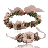 SYGA Flower Tiara and Bracelet Set Flower Headband and Flower Bracelet Bridesmaid Floral Hair Bands Floral Garland For Women Bride Wedding Vine Tiara Bridal Crown Hair Accessory - Brown
