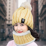 SYGA Winter Beanie Hat and Circle Scarf Set for Women with Faux Fur Bobble Pom Pom and Fleece Lining, Outdoor Sports Hats, Free Size