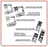 SYGA Rolled Hem Presser Foot-6 Sizes 3 Wide Rolled Hem Foot (4/8,6/8,8/8Inch) & 3 Narrow Foot Hemmer Set (3/4/6mm) Hemming Presser Feet For Most Low Shank Sewing Machines Presser Foot- Set of 6, Stainless Steel