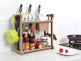 SYGA 2 Layer Brown Storage Shelf with 2-Height Adjustable Platform and 4-Side Hooks, Storage Rack Kitchen Cabinet Organizer