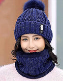 SYGA Winter Beanie Hat and Circle Scarf Set for Women with Faux Fur Bobble Pom Pom and Fleece Lining, Outdoor Sports Hats, Free Size