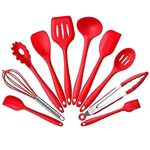SYGA Silicone Kitchen Utensils Spoon Set, 10 Pieces Silicone Cooking & Baking Tool Sets Non-Toxic Hygienic Safety Heat Resistant_Red