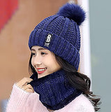 SYGA Winter Beanie Hat and Circle Scarf Set for Women with Faux Fur Bobble Pom Pom and Fleece Lining, Outdoor Sports Hats, Free Size