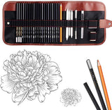 SYGA Sketch Pencil Set, 30 Pieces Charcoal Pen Eraser Pencil Set, Craft Knife, Canvas Roll Up Pencil Extender, Professional Art Carrying Bag for Beginner Artists