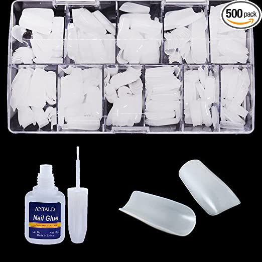 SYGA Square False Nails and Glue Bottle Professional Brush On Nail Tip Glue for Press On Nails Fake Nails Long Lasting Press On Nails for Women and Girls- White, 500 pieces
