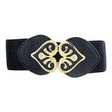 SYGA Women PU Leather Belt Stretchy Waist Belt with Multiple Designs in Metal Buckle, Black - 25-35 Inch