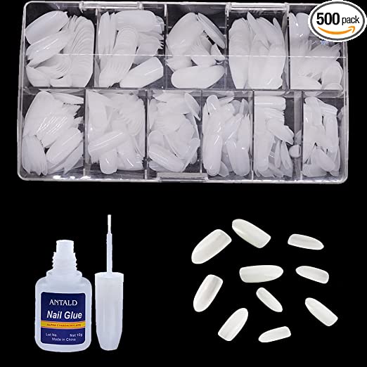 SYGA Oblong False Nails and Glue Bottle Professional Brush On Nail Tip Glue for Press On Nails Fake Nails Long Lasting Press On Nails for Women and Girls- White, 500 pieces
