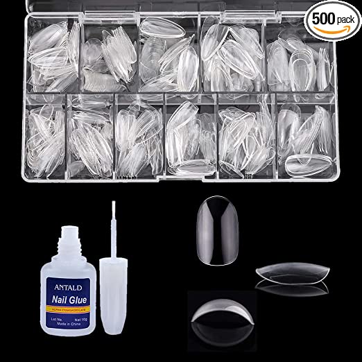 SYGA Oval False Nails and Glue Bottle Professional Brush On Nail Tip Glue for Press On Nails Fake Nails Long Lasting Press On Nails for Women and Girls- Transparent, 500 pieces