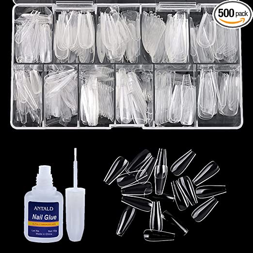 SYGA Tshape False Nails and Glue Bottle Professional Brush On Nail Tip Glue for Press On Nails Fake Nails Long Lasting Press On Nails for Women and Girls- Transparent, 500 pieces