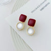 Red square pearl stud earrings