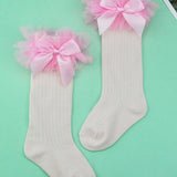 Girls socks long pink bow lace socks soft comfortable breathable baby cotton socks children baby socks