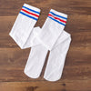 Red and blue bars on white background / wrapped velvet stockings