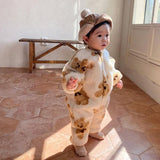 Ins wind baby plush bear print romper autumn and winter new thickened warm jumpsuit for infants and young children to go out