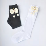 Autumn new black and white solid color children's socks beige plush bow decoration children's socks baby girls socks