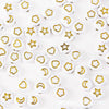 Gold lettering on a white background